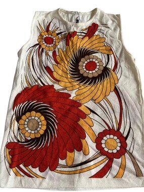 Vintage 1980s top sleeveless white red gold-yellow brown floral Medium